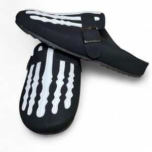 Black PU Leather Clogs with Silver Buckle and Skeleton Embroidery - Brand New